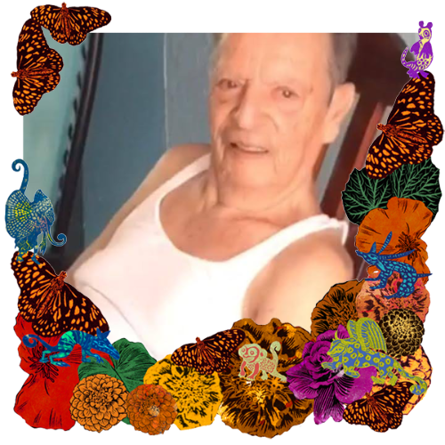 Photo of Ermo in a frame with marigolds, flowers, alebrijes and monarch butterflies.