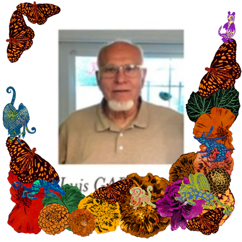 Photo of Ernest Luis Garcia in a frame with marigolds, flowers, alebrijes and monarch butterflies.