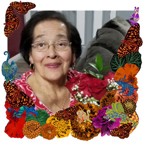 Photo of Ernestina Garcia in a frame with marigolds, flowers, alebrijes and monarch butterflies.