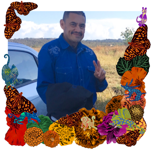 Photo of Ernesto Maldonado in a frame with marigolds, flowers, alebrijes and monarch butterflies.