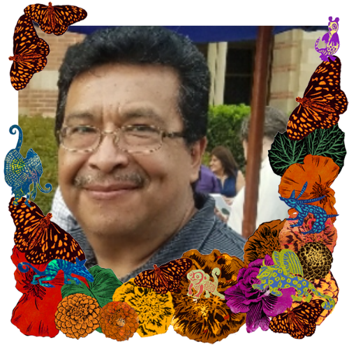 Photo of Ernesto Rafael Sebastian Estrada in a frame with marigolds, flowers, alebrijes and monarch butterflies.