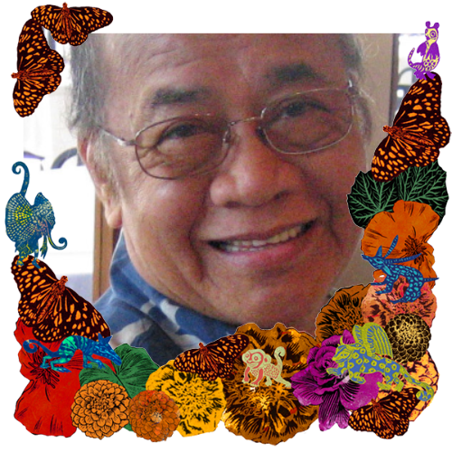 Photo of Ernesto Tulabut in a frame with marigolds, flowers, alebrijes and monarch butterflies.
