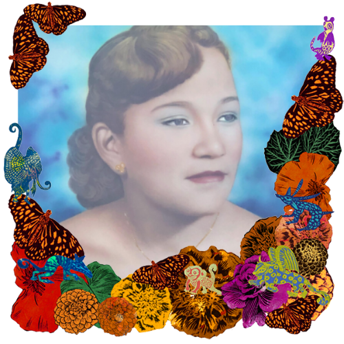 Photo of Esperanza Gomez in a frame with marigolds, flowers, alebrijes and monarch butterflies.