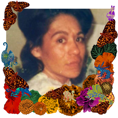 Photo of Esther Palacios Dumont Donson in a frame with marigolds, flowers, alebrijes and monarch butterflies.