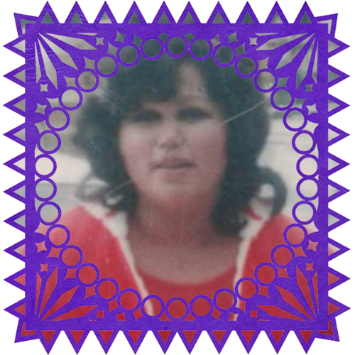 Photo of Estrella Ramirez in a frame with papel picado.