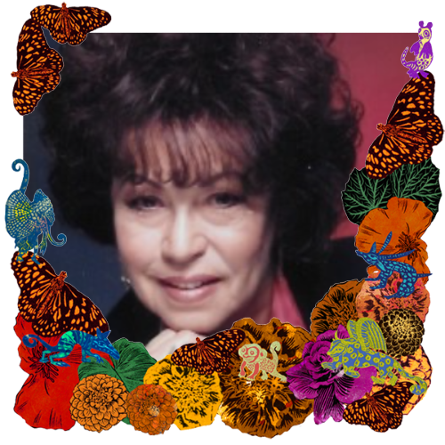 Photo of Eva Cartago Bonfiglio in a frame with marigolds, flowers, alebrijes and monarch butterflies.