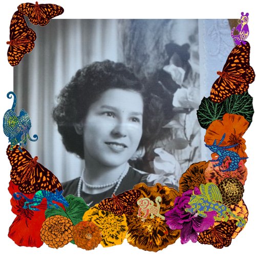 Photo of Eva Salas Bustos in a frame with marigolds, flowers, alebrijes and monarch butterflies.