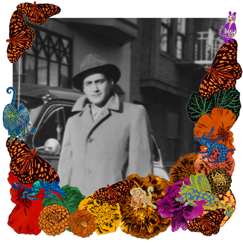 Photo of Fabio Lainez in a frame with marigolds, flowers, alebrijes and monarch butterflies.
