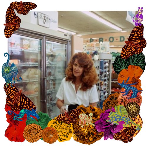 Photo of Faridah Freeman in a frame with marigolds, flowers, alebrijes and monarch butterflies.