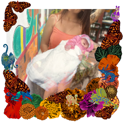 Photo of Fátima in a frame with marigolds, flowers, alebrijes and monarch butterflies.