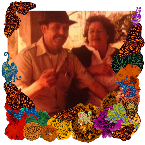 Photo of Fidel Gonzalez in a frame with marigolds, flowers, alebrijes and monarch butterflies.