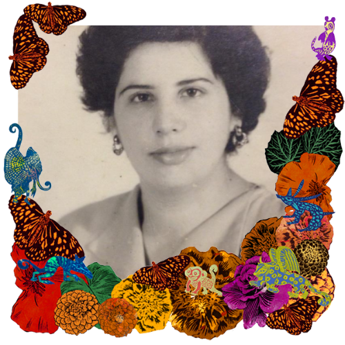 Photo of Flora Soto in a frame with marigolds, flowers, alebrijes and monarch butterflies.