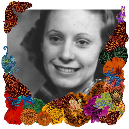 Photo of Florence "Flo" Puhara in a frame with marigolds, flowers, alebrijes and monarch butterflies.