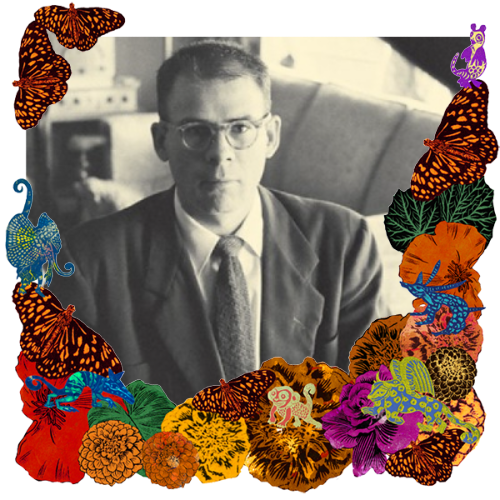 Photo of Forrest Westbrook in a frame with marigolds, flowers, alebrijes and monarch butterflies.