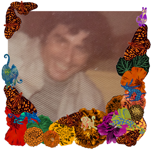 Photo of Francisco in a frame with marigolds, flowers, alebrijes and monarch butterflies.