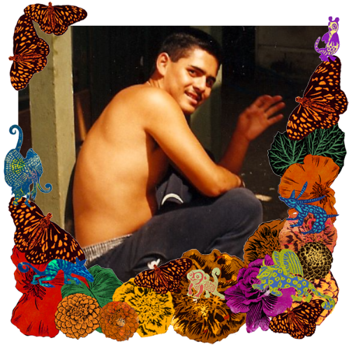 Photo of Francisco Leobardo Lara in a frame with marigolds, flowers, alebrijes and monarch butterflies.