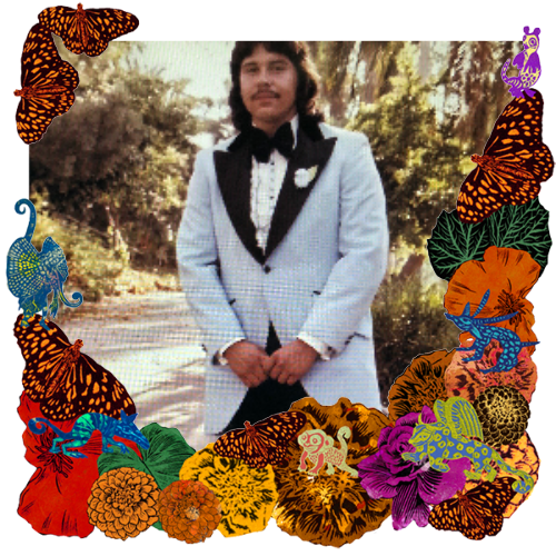 Photo of Francisco Rivera in a frame with marigolds, flowers, alebrijes and monarch butterflies.