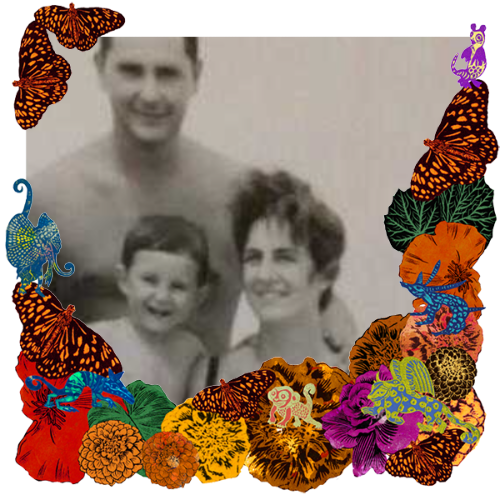 Photo of Francisco y Elva in a frame with marigolds, flowers, alebrijes and monarch butterflies.
