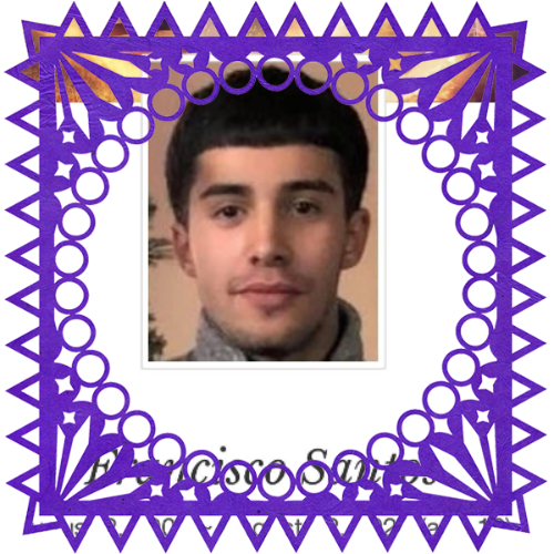 Photo of Frank Santos in a frame with papel picado.