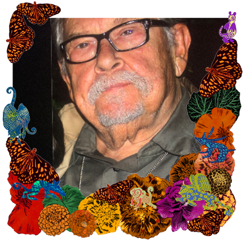 Photo of Fred "Du" Paesel in a frame with marigolds, flowers, alebrijes and monarch butterflies.