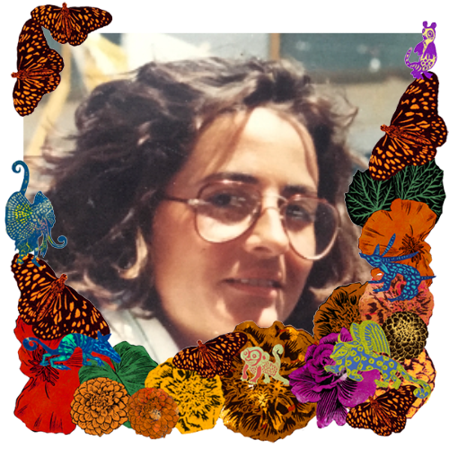 Photo of Gabriela Baldor in a frame with marigolds, flowers, alebrijes and monarch butterflies.
