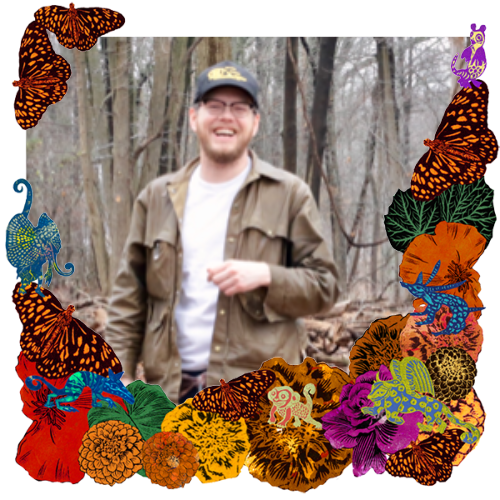 Photo of Gareth Perry in a frame with marigolds, flowers, alebrijes and monarch butterflies.