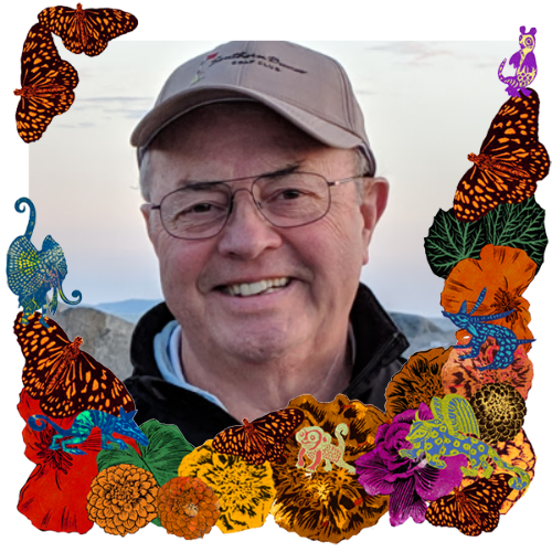 Photo of Gary Bradley in a frame with marigolds, flowers, alebrijes and monarch butterflies.