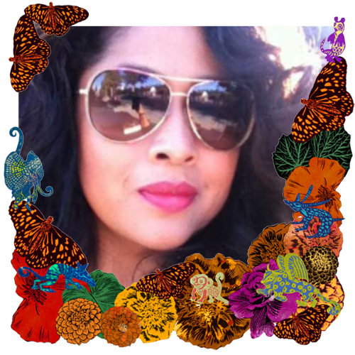 Photo of Genova Nieto-Escobar in a frame with marigolds, flowers, alebrijes and monarch butterflies.