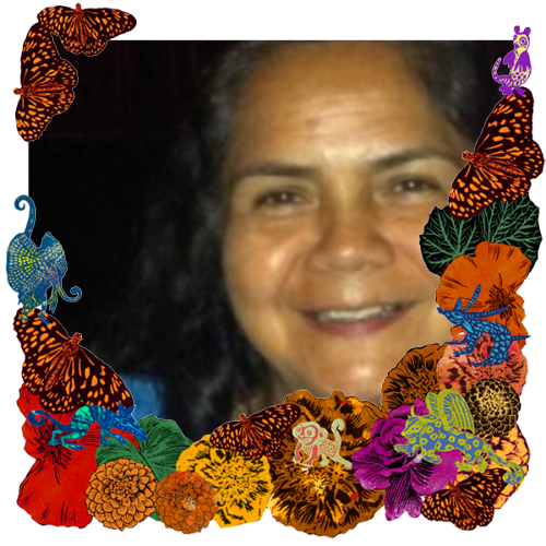 Photo of Genoveva Arce in a frame with marigolds, flowers, alebrijes and monarch butterflies.