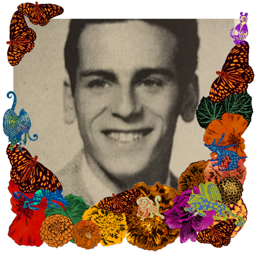 Photo of George Silva in a frame with marigolds, flowers, alebrijes and monarch butterflies.