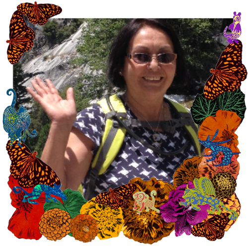 Photo of Gerry Elizondo in a frame with marigolds, flowers, alebrijes and monarch butterflies.