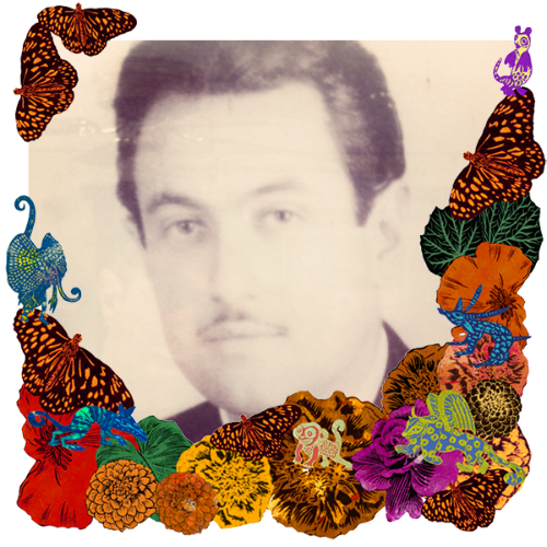 Photo of Gilberto Güereca in a frame with marigolds, flowers, alebrijes and monarch butterflies.