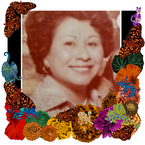Photo of Gloria Del Carmen Moreno in a frame with marigolds, flowers, alebrijes and monarch butterflies.