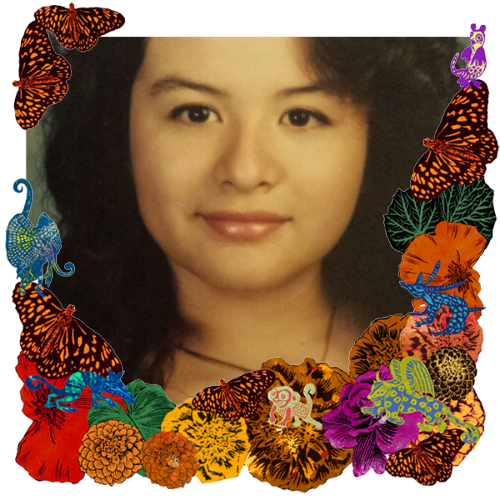 Photo of Gloria Guzman in a frame with marigolds, flowers, alebrijes and monarch butterflies.