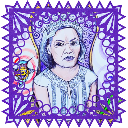 Photo of Gloria M Garcia in a frame with papel picado.
