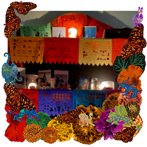 Photo of Las familias González Ornelas y Ornelas Rivera. in a frame with marigolds, flowers, alebrijes and monarch butterflies.