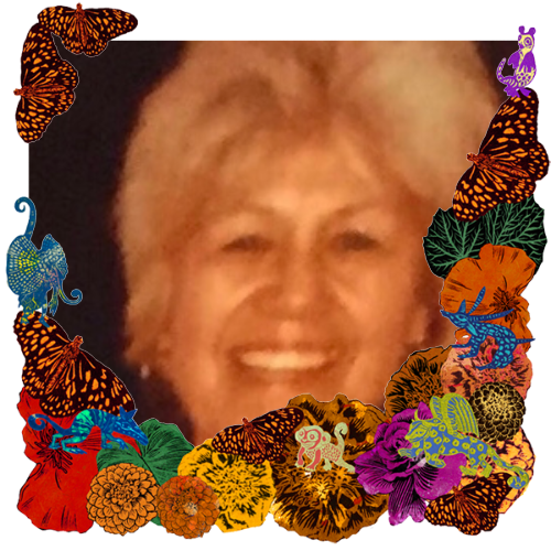 Photo of Gracie Rizo in a frame with marigolds, flowers, alebrijes and monarch butterflies.