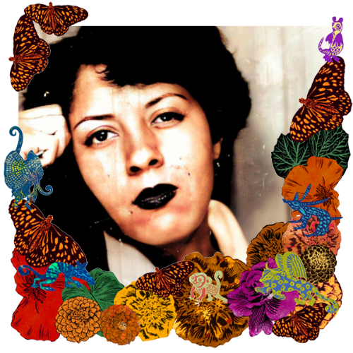 Photo of Grammie Liz in a frame with marigolds, flowers, alebrijes and monarch butterflies.