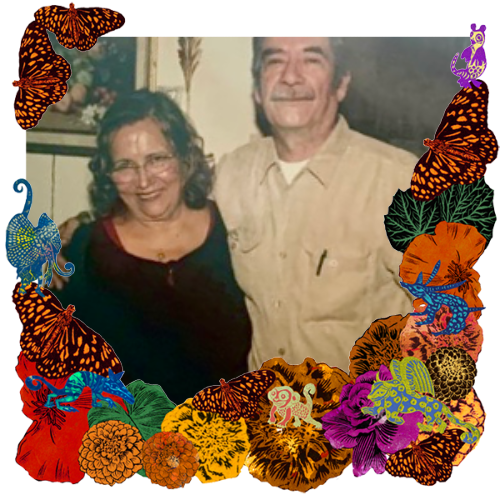 Photo of My grandma and her partner, Don José in a frame with marigolds, flowers, alebrijes and monarch butterflies.