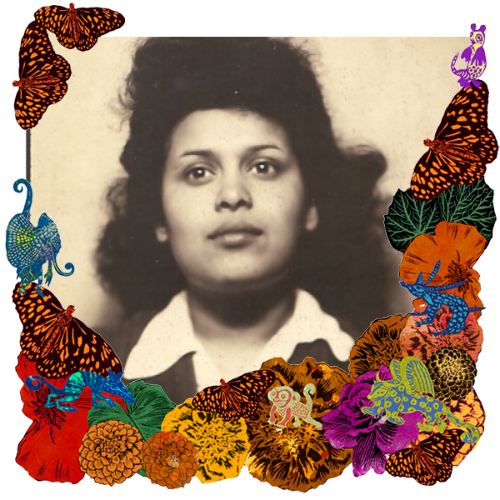 Photo of Grandma in a frame with marigolds, flowers, alebrijes and monarch butterflies.