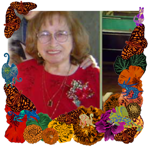 Photo of Grandma Flora in a frame with marigolds, flowers, alebrijes and monarch butterflies.