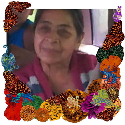 Photo of My grandma in a frame with marigolds, flowers, alebrijes and monarch butterflies.