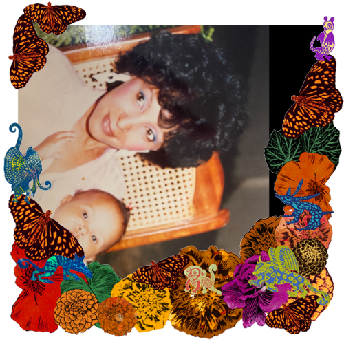 Photo of My Paternal Grandmother in a frame with marigolds, flowers, alebrijes and monarch butterflies.