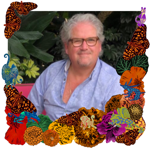 Photo of Guillermo Menéndez Granados in a frame with marigolds, flowers, alebrijes and monarch butterflies.