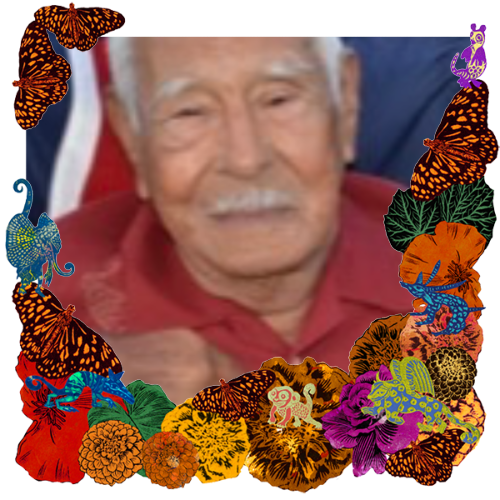 Photo of Guillermo Reyes in a frame with marigolds, flowers, alebrijes and monarch butterflies.