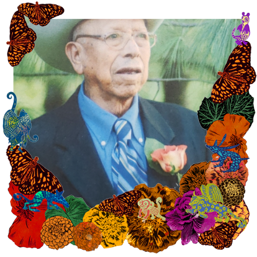 Photo of Gumecindo Vivar Herrera in a frame with papel picado.
