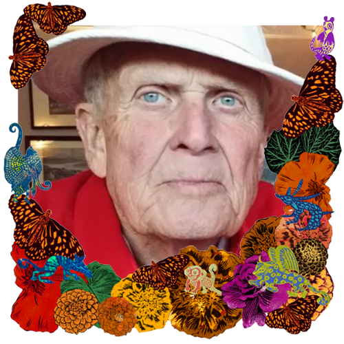 Photo of Guy Leo Ready in a frame with marigolds, flowers, alebrijes and monarch butterflies.