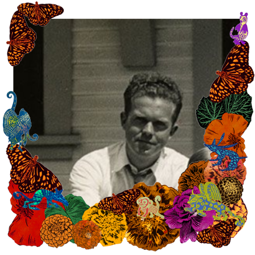 Photo of H J Sheffield in a frame with marigolds, flowers, alebrijes and monarch butterflies.