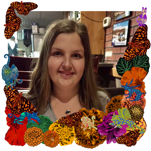Photo of Haley Pilar Vana in a frame with marigolds, flowers, alebrijes and monarch butterflies.
