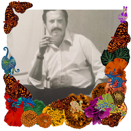 Photo of Harry W. Lawton in a frame with marigolds, flowers, alebrijes and monarch butterflies.